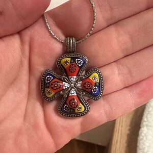 925 Silver Vibrant Floral Cross Pendant Necklace